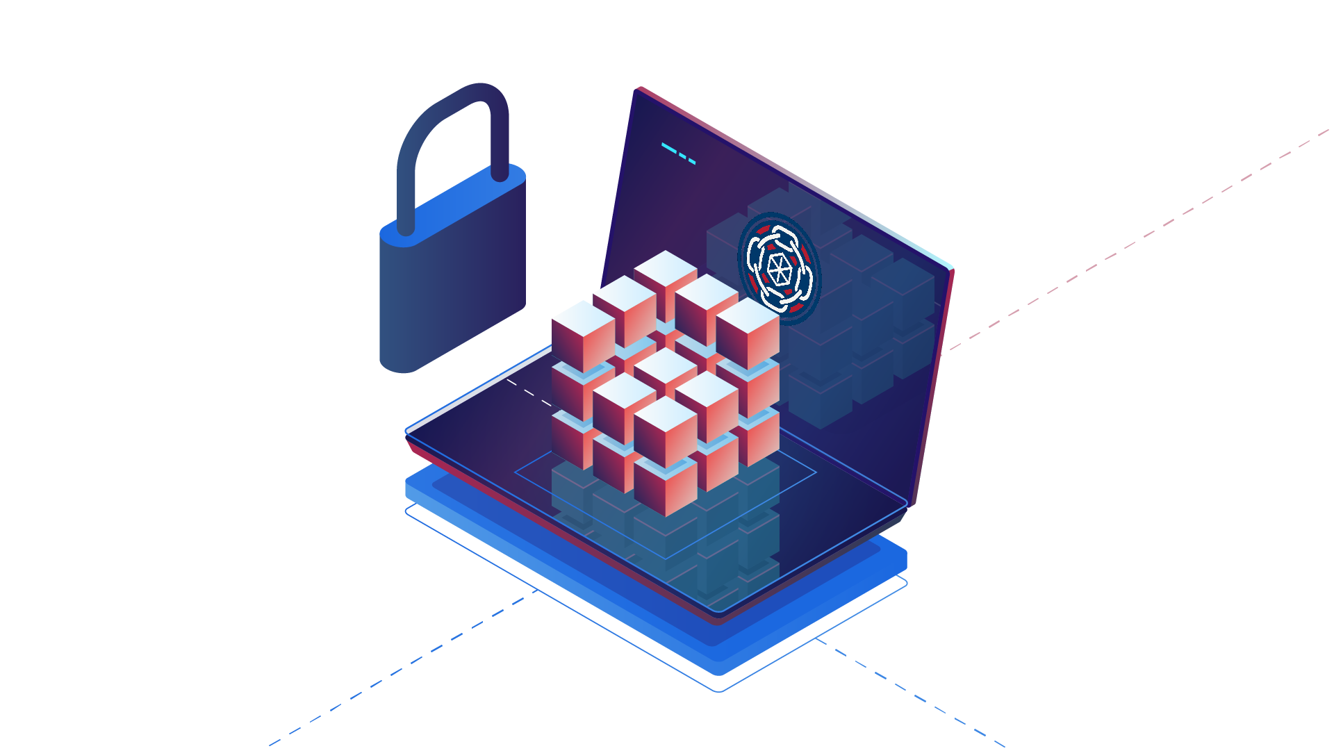 Laptop with lock and blockchain cubes